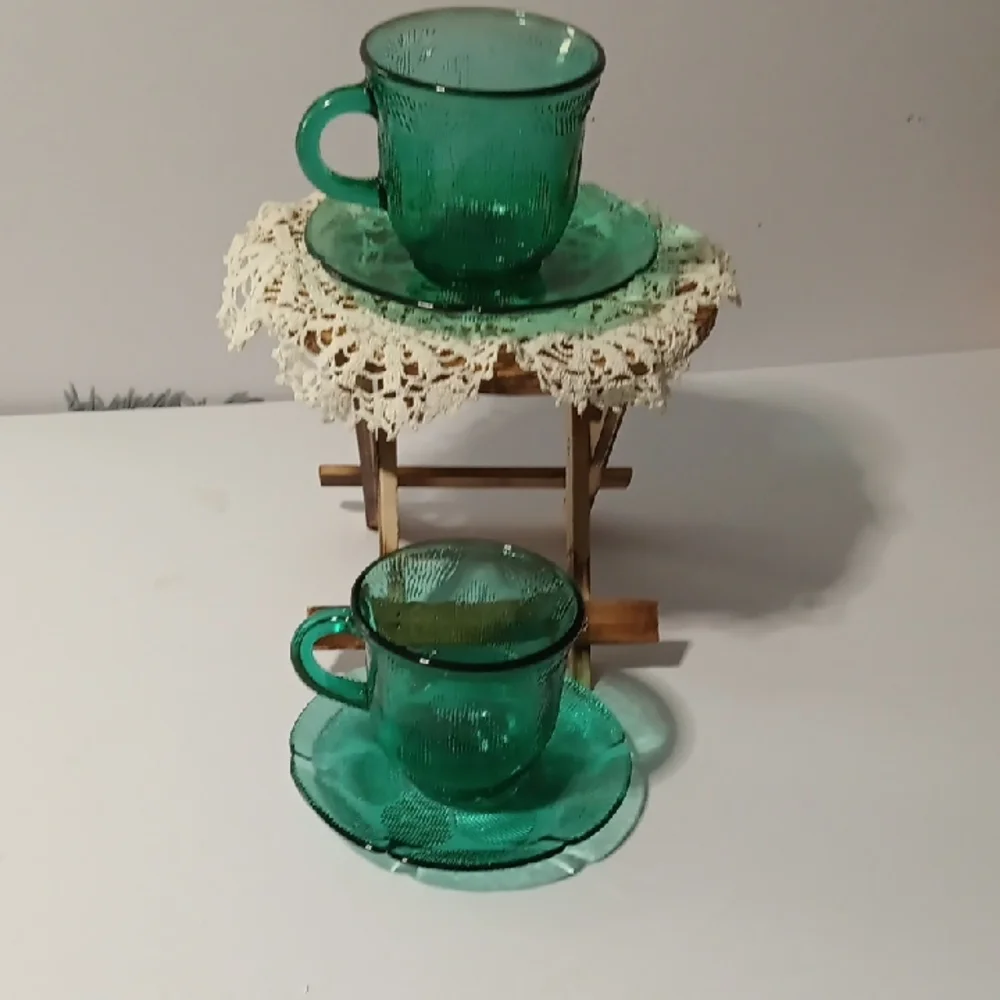 Green Glass Teacup and Saucer Set